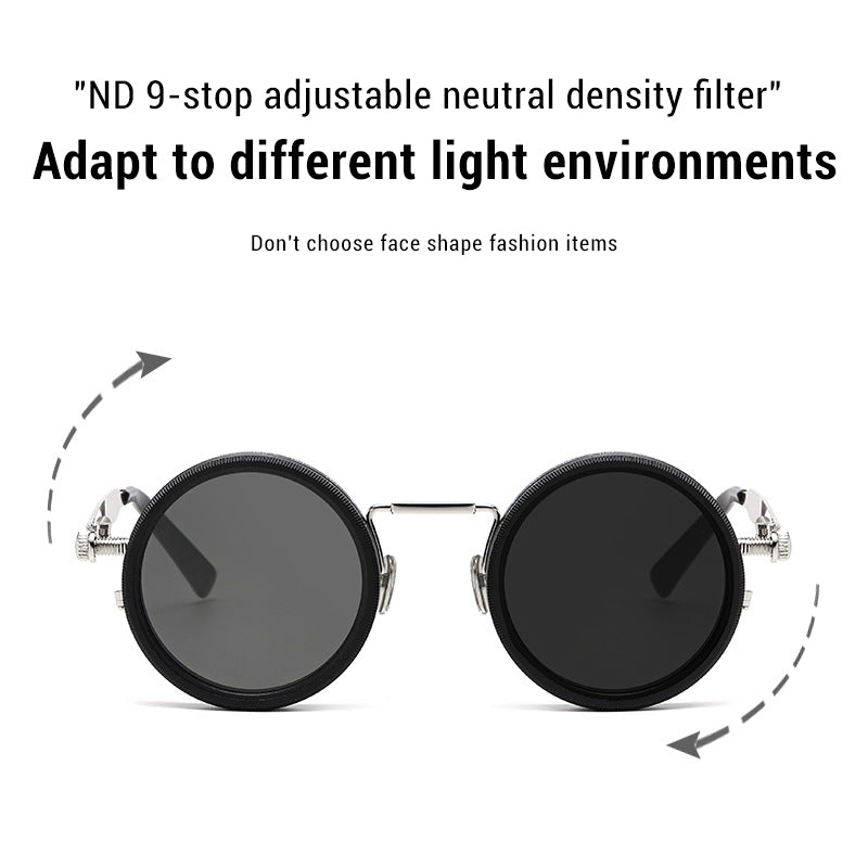 Steampunk Silver Round Sunglasses with Adjustable Dimming Polarized Lens