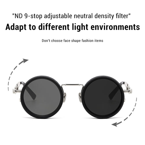 Steampunk Silver Round Sunglasses with Adjustable Dimming Polarized Lens