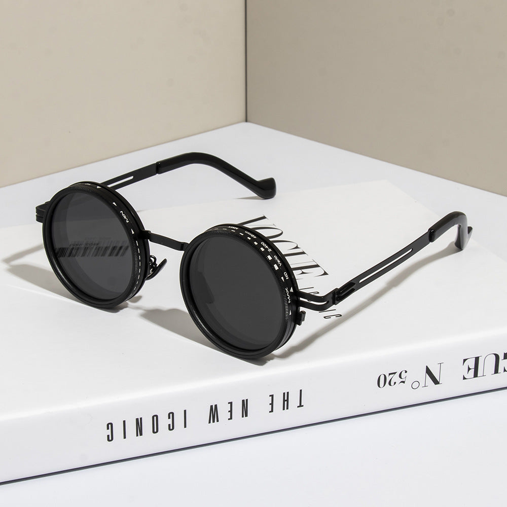 Steampunk Silver Round Sunglasses with Adjustable Dimming Polarized Lens